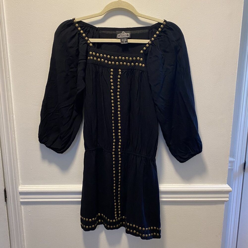 Angie Black Studded Square Neck Boho Peasant Tunic Dress S Rayon 3/4 Sleeve Mini